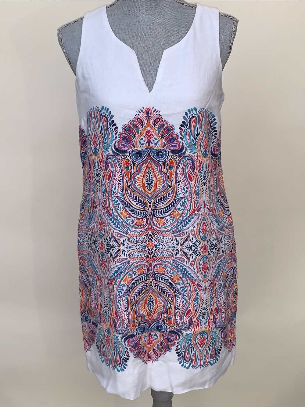 Tommy Bahama Linen Dress Women XS White Bazaar Sleeveless Paisley Boho Resort